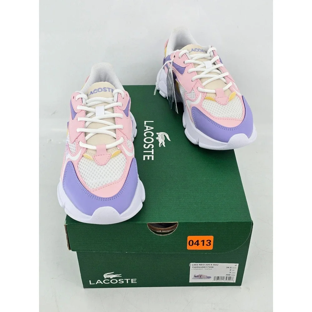 Lacoste L003 Neo 225 6 SUJ Kids Size 3 Pink Purple White Sneakers - New